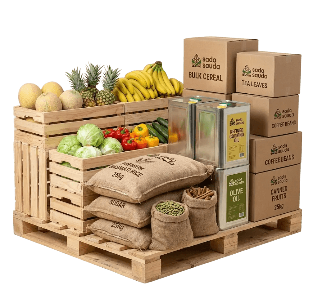 Stacked wholesale essentials on pallets